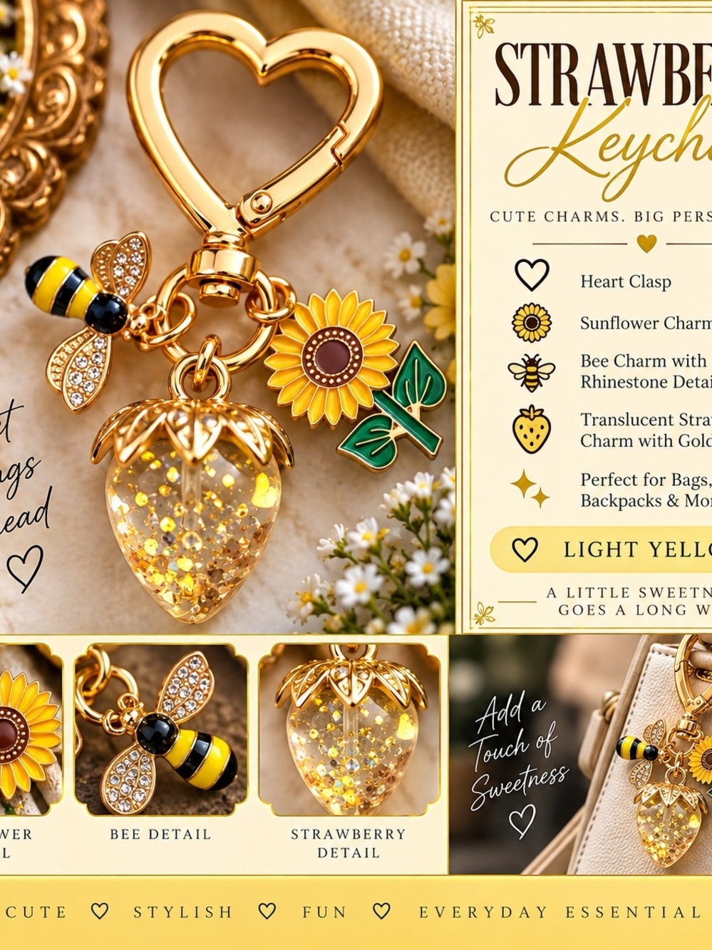 Strawberry Sunflower Bee Keychain Charm - Gold & Yellow